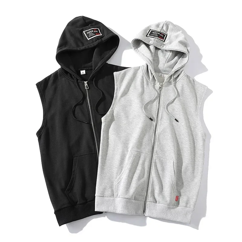 

2023 Autumn New Men's Sleeveless Sweater Youth Fashion Casual Sports Zipper Cardigan Hooded Sweatshirt