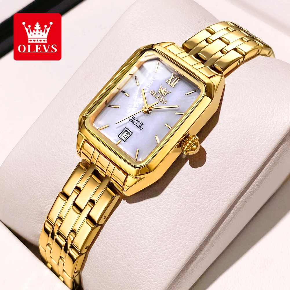 OLEVS 5616 Gold Watches for Woman Fashion Square Dial Auto Date Waterproof Stainless Steel Elegant Retro Women's Quartz Watches