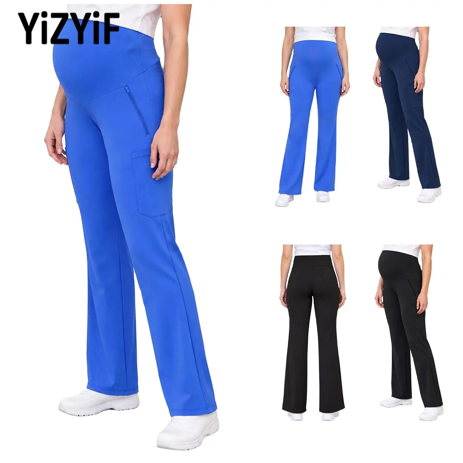 Pregnant Women Yoga Scrub Pants Pregnancy Nurse Workwear Elastic Waist Over-the-belly Maternity Trousers with Pockets Costumes