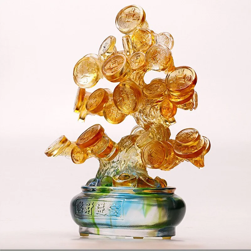 Business Boom Colored Lucky Money Tree Chinese Gold Ingot Crystal Fortune Pot Ornaments Wealth Fengshui Home Office Table Decor