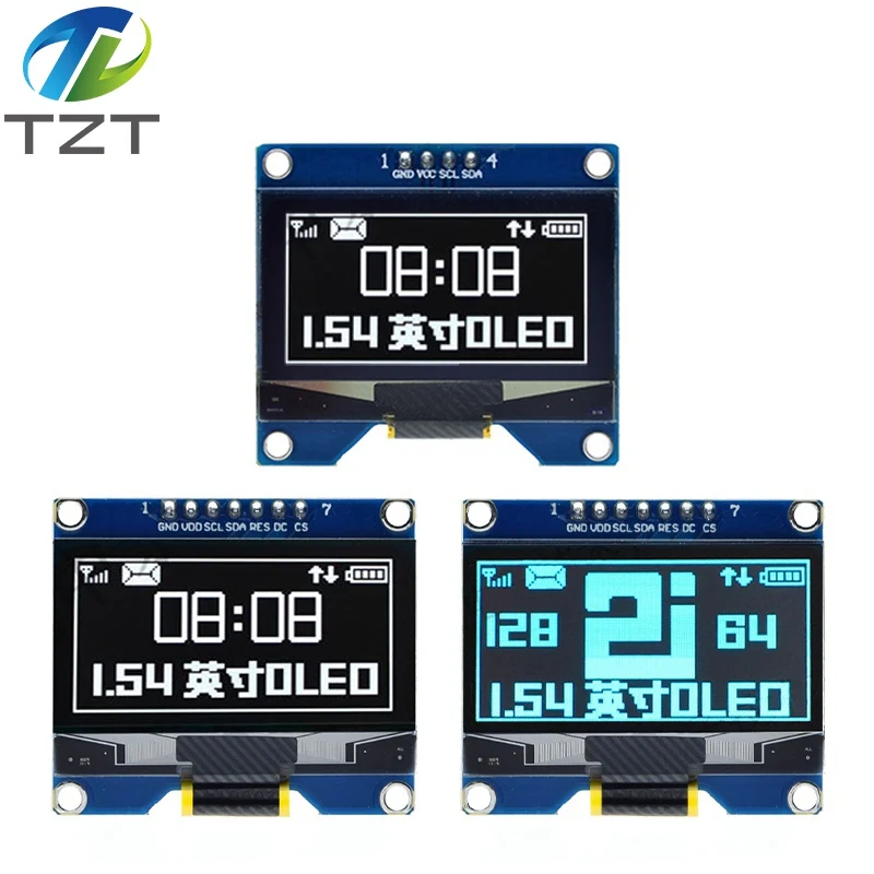 TZT 화이트 블루 OLED 스크린 모듈, SSD1309 드라이브 IC, SSD1306 SPI 인터페이스 128*64 호환, 1.54 인치, 4 핀, 7 핀, 1 개