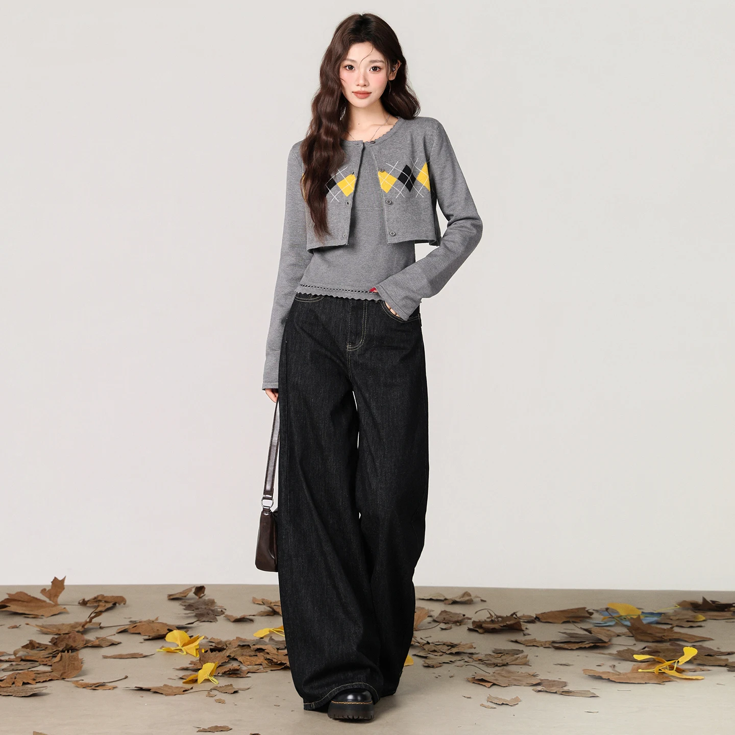 Цвет Blo ort Вязаный открытый кардиган Женский внутренний кружевной комплект Csole Sweet And Spicy Комплект из двух предметов в Корейском стиле Long Sve Wi...