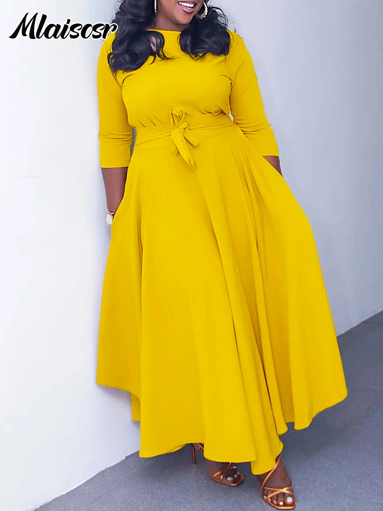 Mlaiscsr Elegant Evening Party Dresses Women O Neck Full Sleeve Sashes Pleated Fashion Office Female Birthday Dinner Vestidos