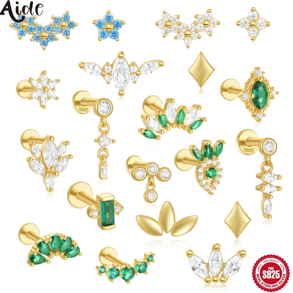 Aide 1PC Zircon Flower Cluster Ear Cartilage Piercing Stud Earring 925 Silver Green Diamond Helix Conch Screw Back Ear Bone Jewe