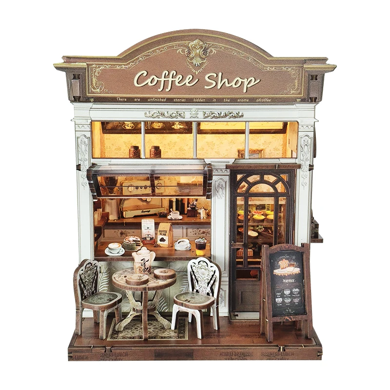 

NEW DIY Wooden Coffee Shop Cottage Figurines Miniatures Bookend Handmade Houses Casa for Friends Birthday Gifts Home Decor