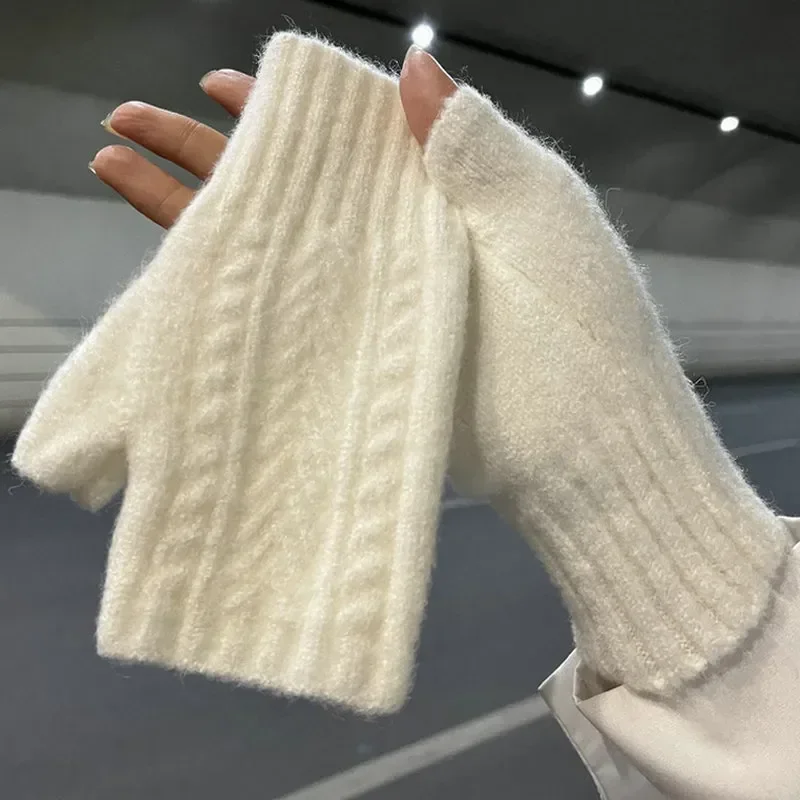 Gants unisexes en laine à demi-doigts pour femmes, gants de bras doux et chauds, mitaines à demi-doigts, hiver