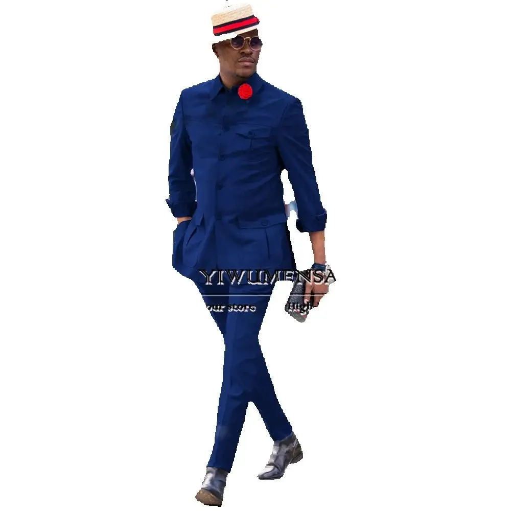 

Blue African Suits For Wedding Stand Collar Jacket Pants 2 Pieces Set Groom Tuxedo Man Business Daily Party Dress Customized