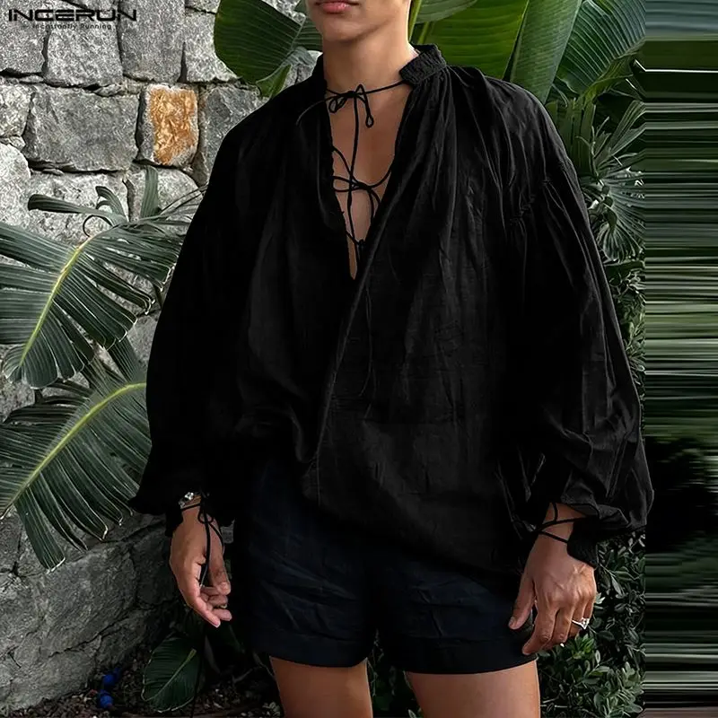 

INCERUN Men Shirt Solid Color V Neck Long Sleeve Lace Patchwork Men Clothing Streetwear Loose Fashion Casual Male Tops Camisas