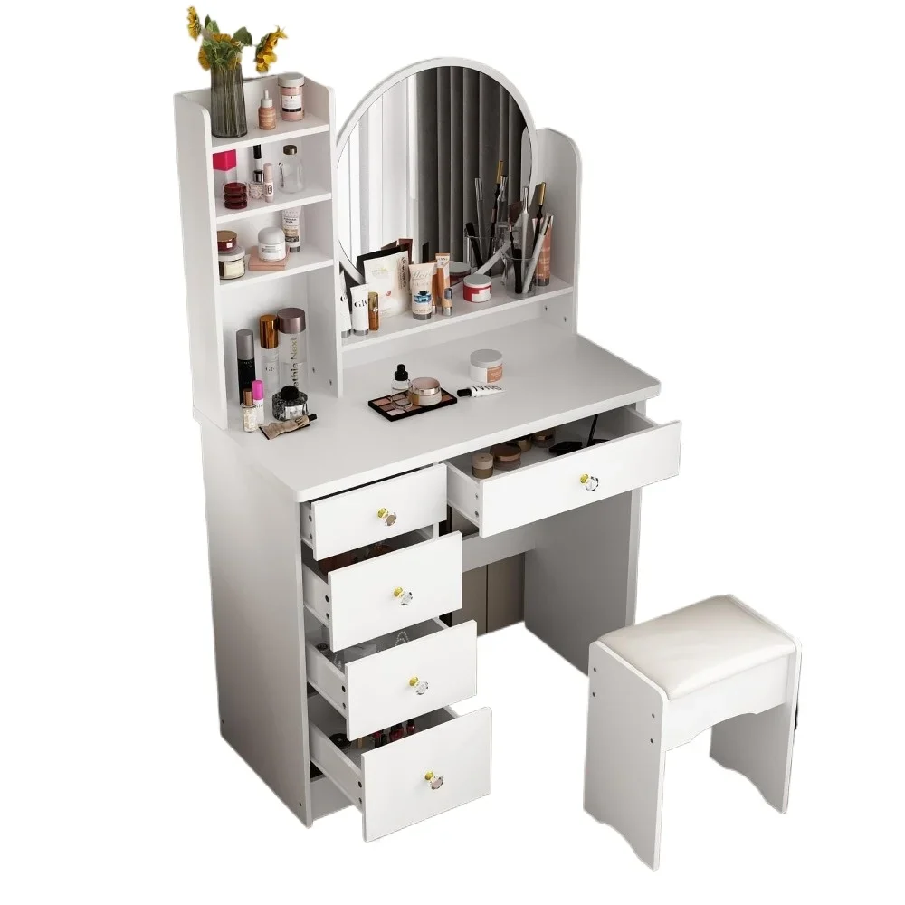 Vanity Desk Set with Round Mirror, Makeup Dressing Table with 5 Drawers, Storage Shelves & Cushioned Stool for Bedroom, White