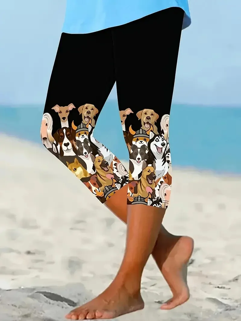 Cartoon dog print slim-fit stretch slim-waist casual seven-point leggings for women