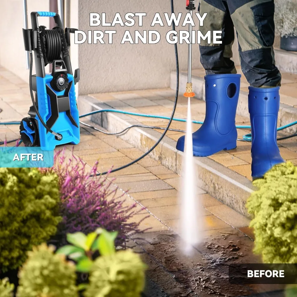 5000 PSI 조절 가능한 압력, 33피트 압력 호스, 4개의 노즐 및 500ml 폼 캐논이 포함된 파워 워셔, 청소