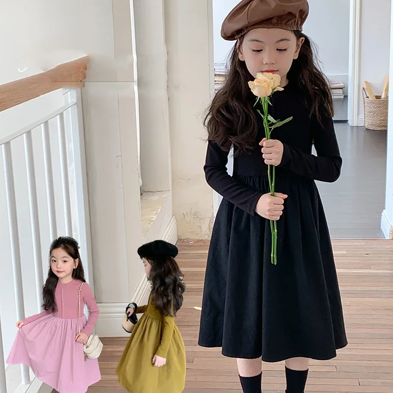 

Spring Girls' Long Sleeve Dress Solid Color Slim Fit Princess Dress Children's Autumn Winter Fashionable Spliced Bottom Dress