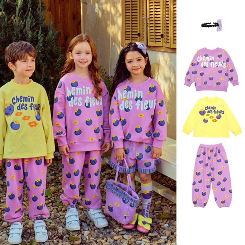 

Korean Kids Clothes 2025 New Spring Summer Baby Boys Girls Purple Cartoon Sweatshirts Pant Children's Outdoor Sweater Clothings