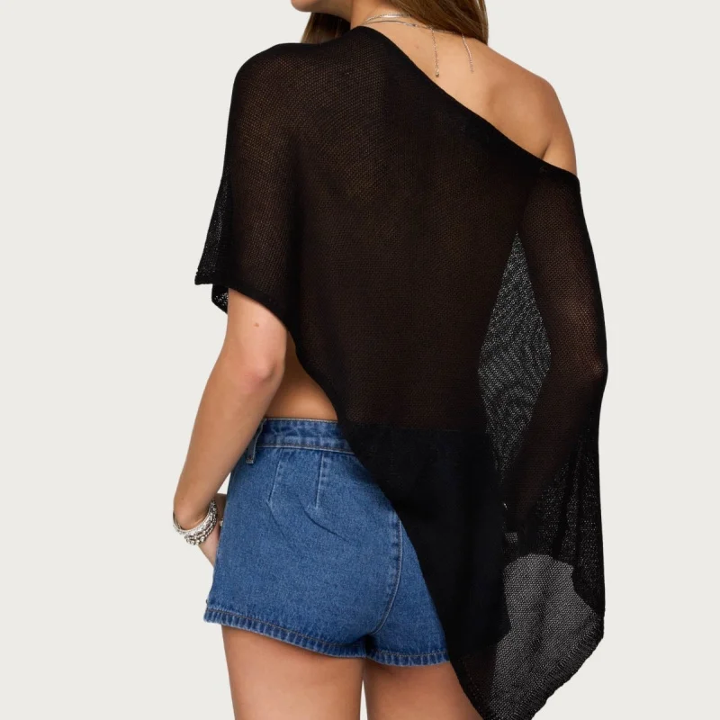 

Women Sheer Knit Poncho Off Shoulder Asymmetric Shrug Sweater Pullover Top See Through Cover Up Tops