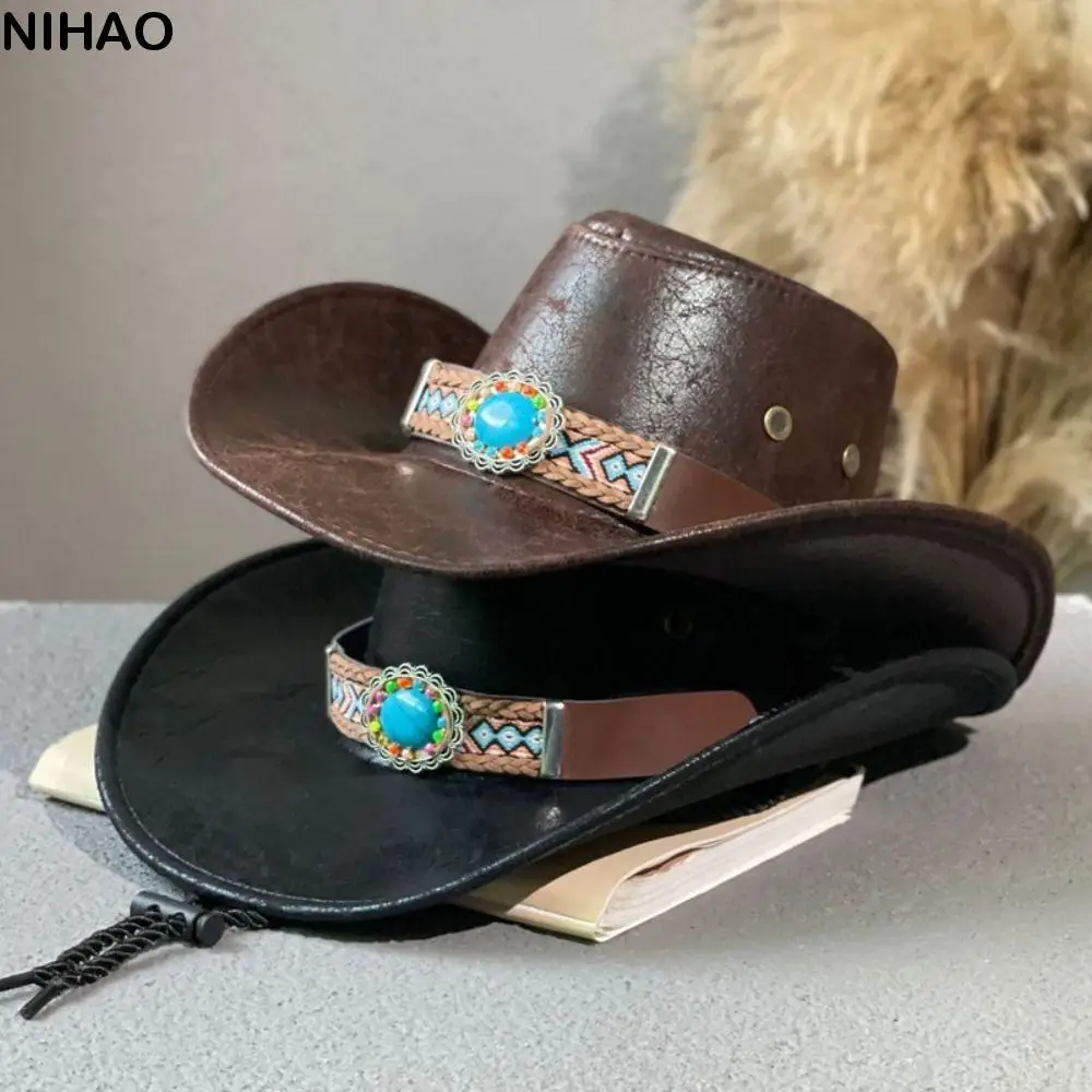 Retro PU Leather Western Cowboy Hat Drawstring Outdoor Travel Hat Fisherman Hat Climbing Cap Cowgirl Hat Summer Sun Hat Travel