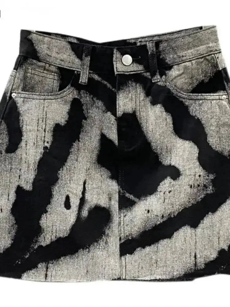 Grau Tie Dye Druck Mode Denim Mini Röcke Frauen Hohe Taille Taste Tasche A-line Jean Röcke Sexy Y2K Streetwear Y207