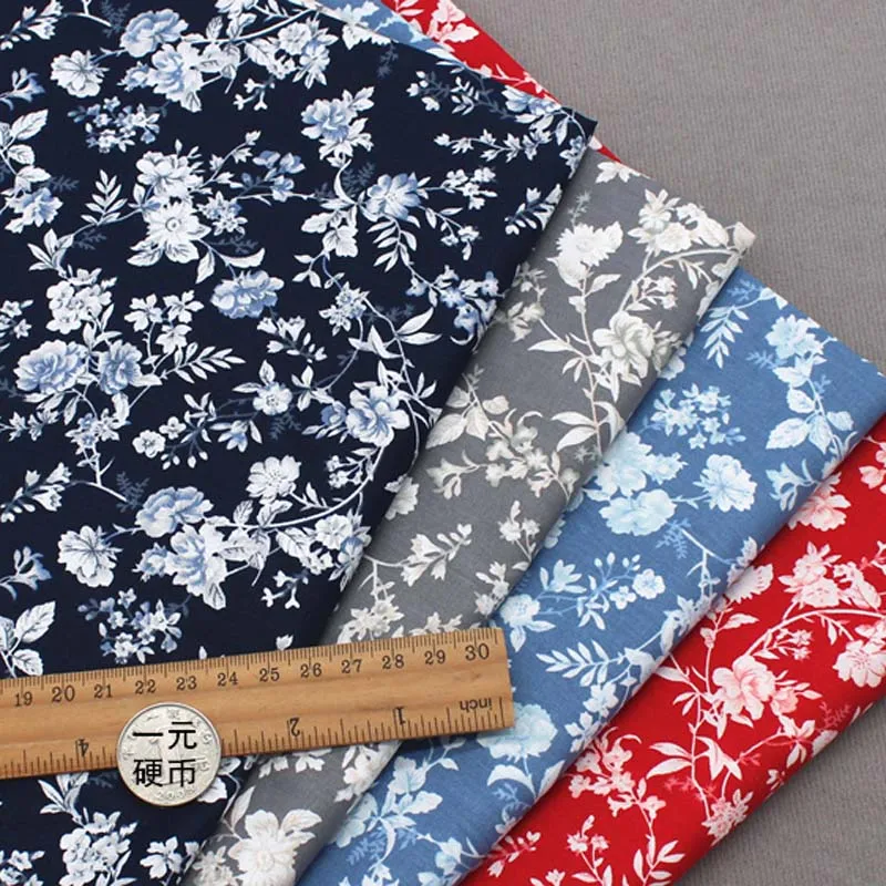 40S 100% Cotton Poplin Thin Fabric Navy Blue Red Gray White Flowers Floral For Summer Girl Dress Shirt Quilt Blouse Craft Tissue