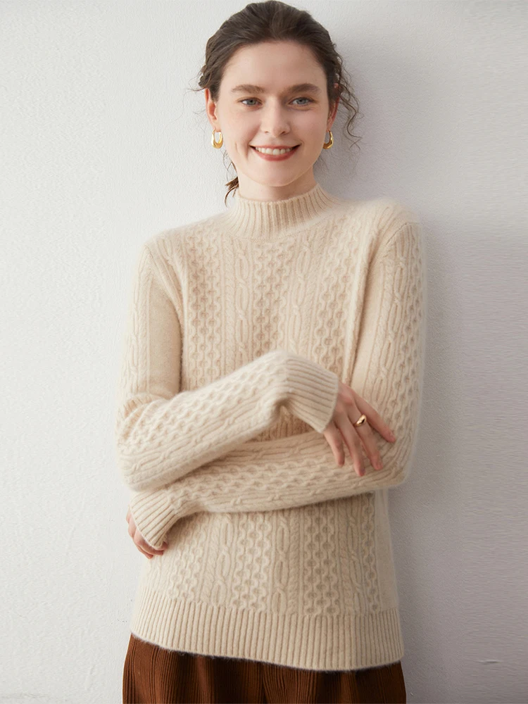 Women's High Quality Pullover 100% Cashmere Sweater Stand-up Collar Soft Autumn Winter Clothing Lantern Jacquard Retro Warm Knit