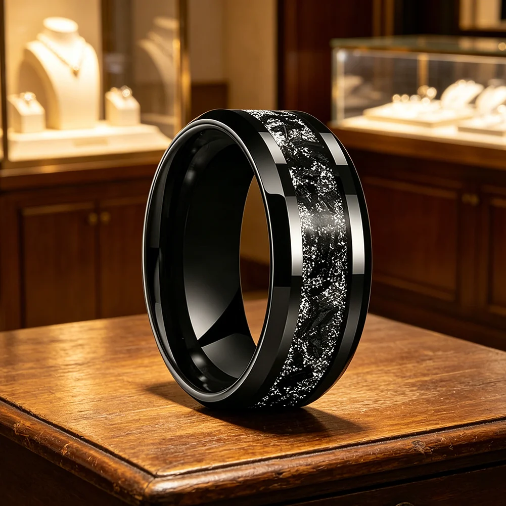 8mm schwarzer Titan-Chip-Inlay-Wolframcarbid-Ring, Verlobungs- und Eheringe für Männer und Frauen, abgeschrägter Modeschmuck, bequeme Passform – Detail 8