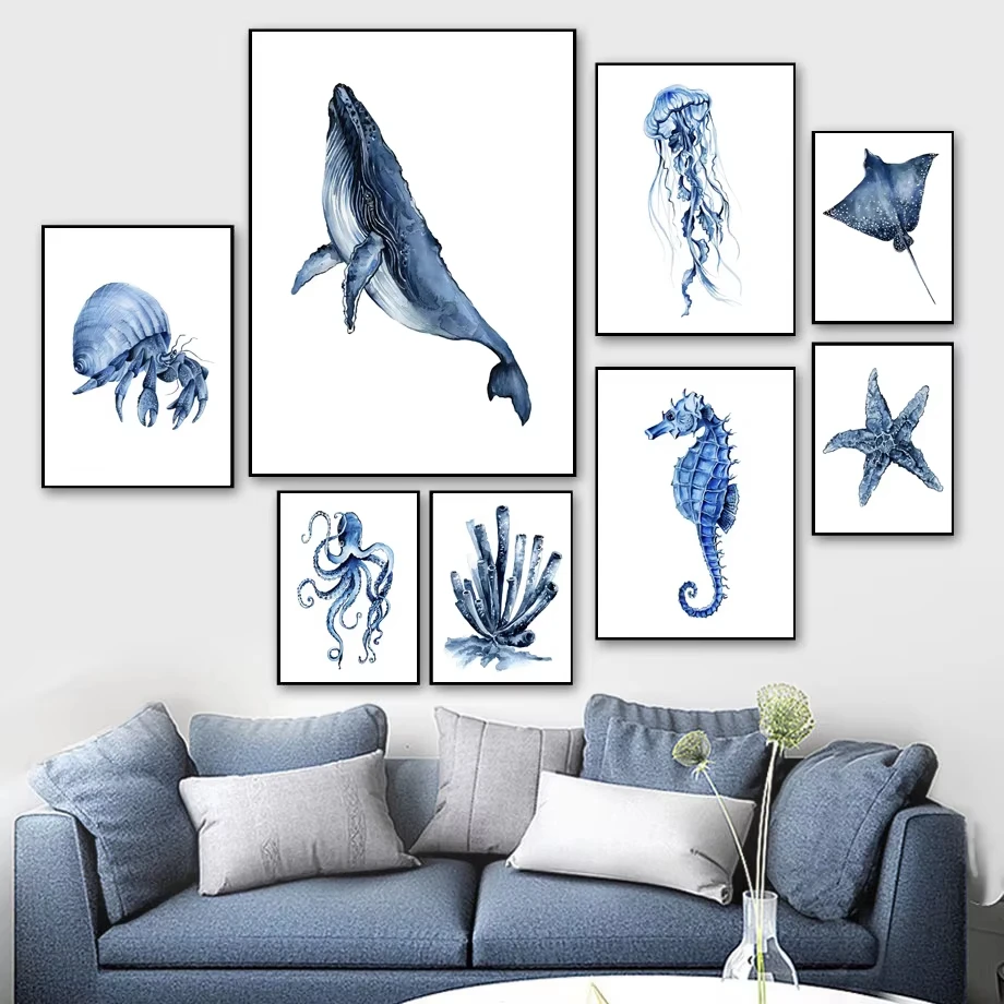 Whale Dolphin Crab Fish Octopus Seahorse Coral Ocean Posters and Prints Canvas Painting Wall Art Pictures Kids Room Home Decor