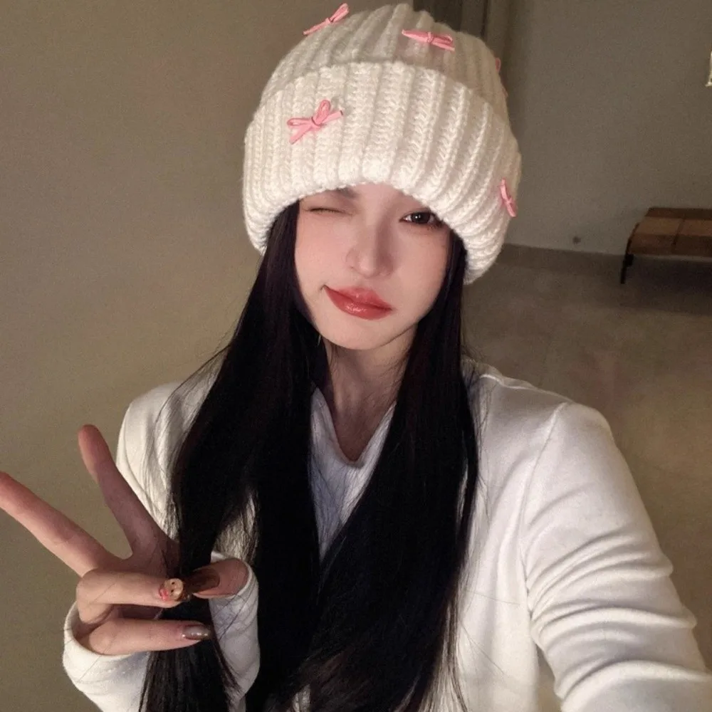 

Warm Ear Protection Bow Knitted Hat Cold-proof Cute Bow Pullover Hat Korean Style Thick Bow Winter Hat Autumn