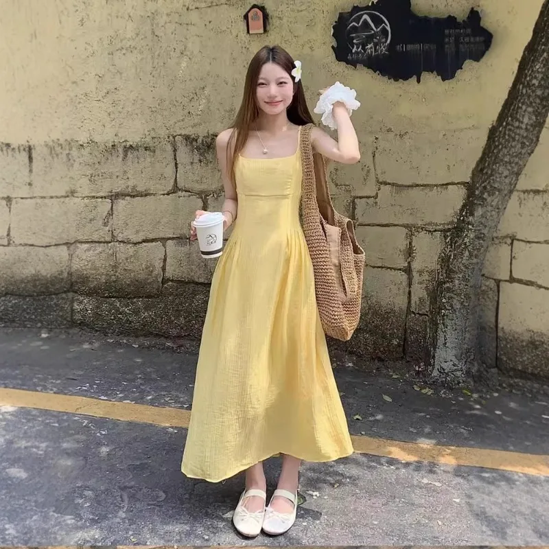 

Women's French Style Yellow Spaghetti Strap Maxi Dress Summer Dopamine Beach Holiday Sundress