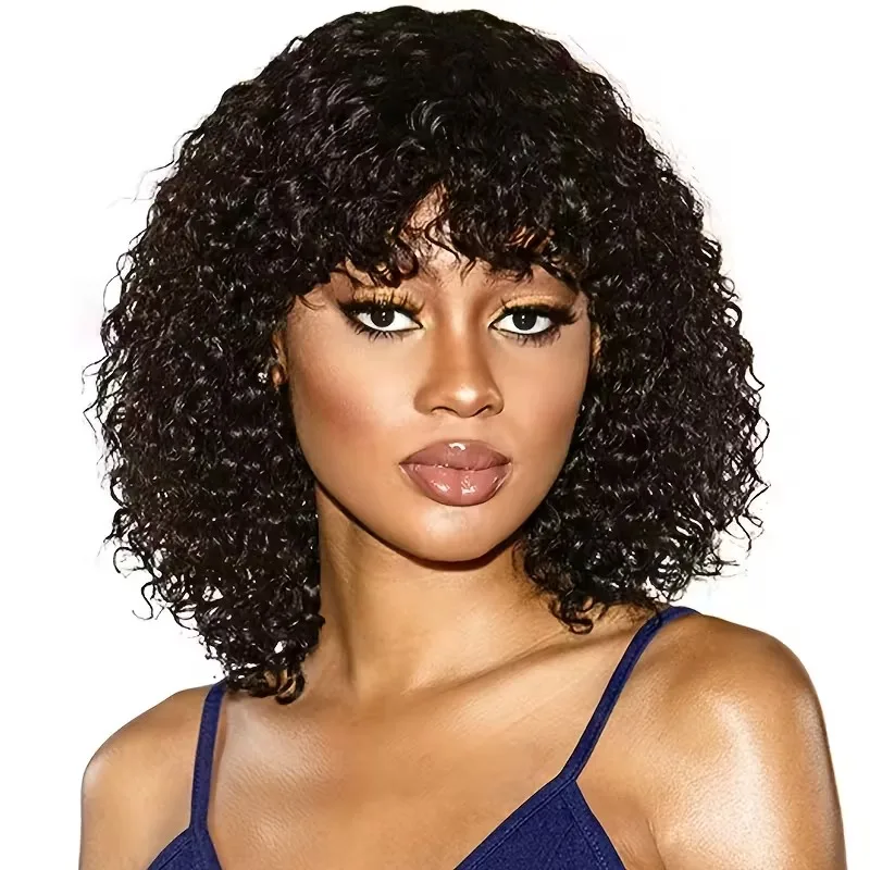 

Brazilian Jerry Curl Human Hair Bob Wigs With Bang For Black Women Wonderful Black Dark Remy Bob Hair Full Machine Made