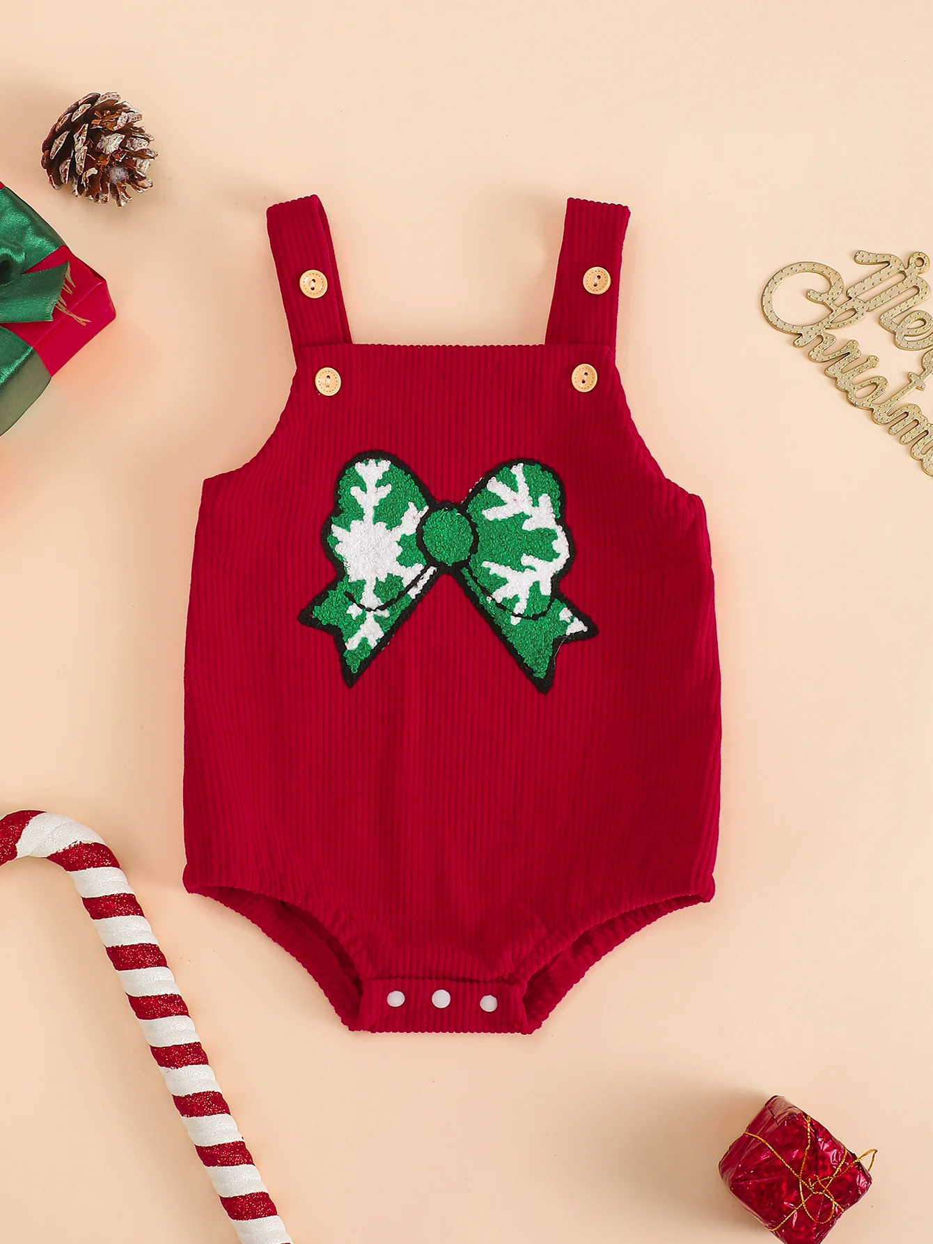 Baby Boy Corduroy Romper with Bowtie And Embroidered Pattern Adjustable Strap Babygrow Onesie for Infants