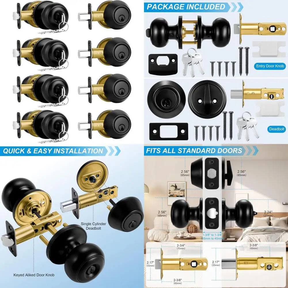 مجموعة قفل الباب الأمامي باللون الأسود غير اللامع مع ديدبولت وأسطوانة واحدة، ودخول بدون مفتاح، ومجموعة مقبض باب الأمان