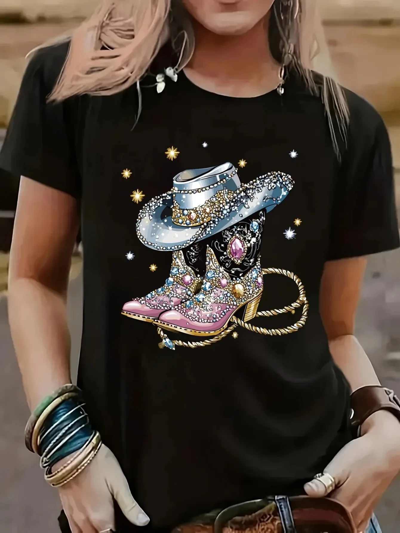 

Women's Black Graphic Print Cotton T-Shirt - Cowboy Boots & Hat Design with Sparkling Stars & Rhinestones Soft Breathable Round Neck