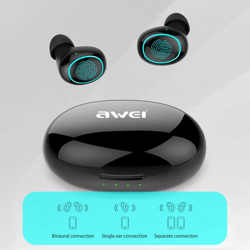 Awei T60 Bluetooth 5.1 Earphones TWS Wireless Headphones In-Ear Mini LED Light Display Earbuds Sport Headset with Microphone