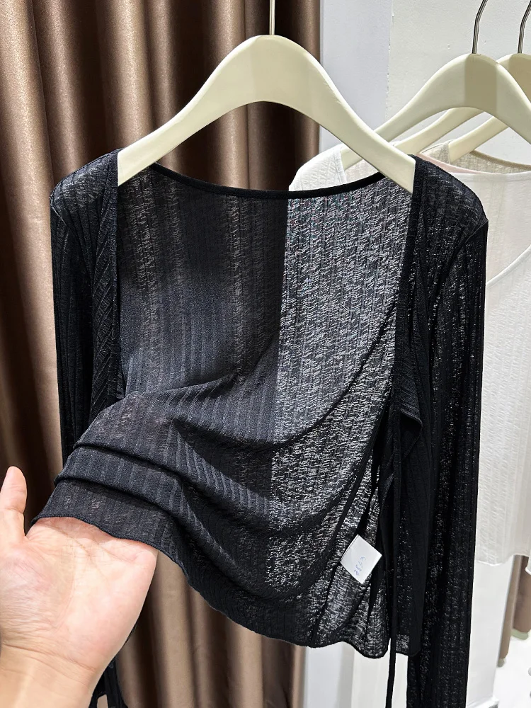 

Тонкий длинный вязаный кардиган из ледяного шелка с V-образным вырезом, летний, для женщин, короткий, черный, как накидка/топ