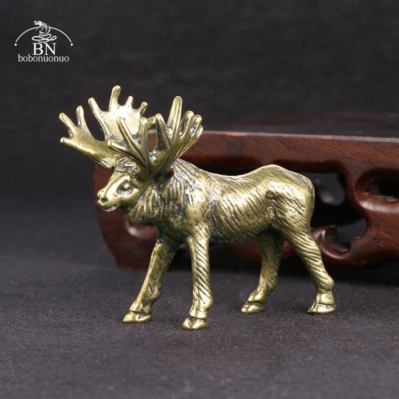 Solid Brass Elk Figurines Retro Animal Moose Small Statue Desk Ornament Tea Pet Table Decorations Crafts Accessories Child Gifts