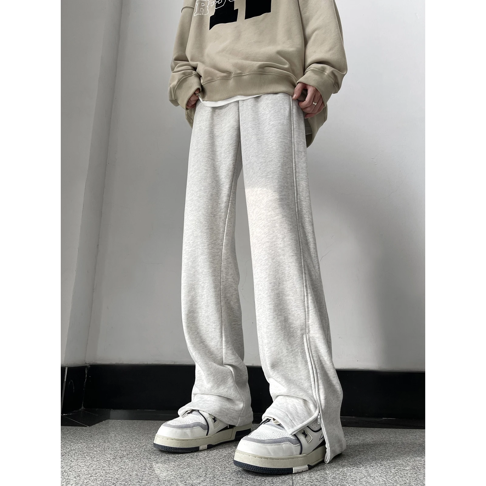 

ey Men's Sport Pants Spring Autumn Straight Leg Casual Trousers Heavyweight Zipper Slit Wide Leg American Sle Leisure Pants