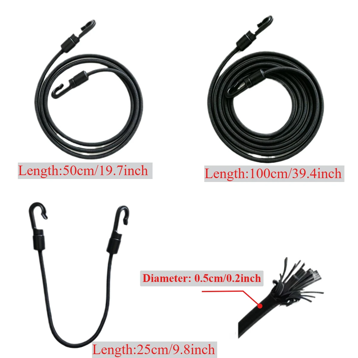 5 Stück 50 cm/100 cm große, verdickte, robuste elastische Bungee-Seile mit integrierten Kunststoffhaken für den Innen- und Außenbereich, Spannungsfixierseil – Detail 3