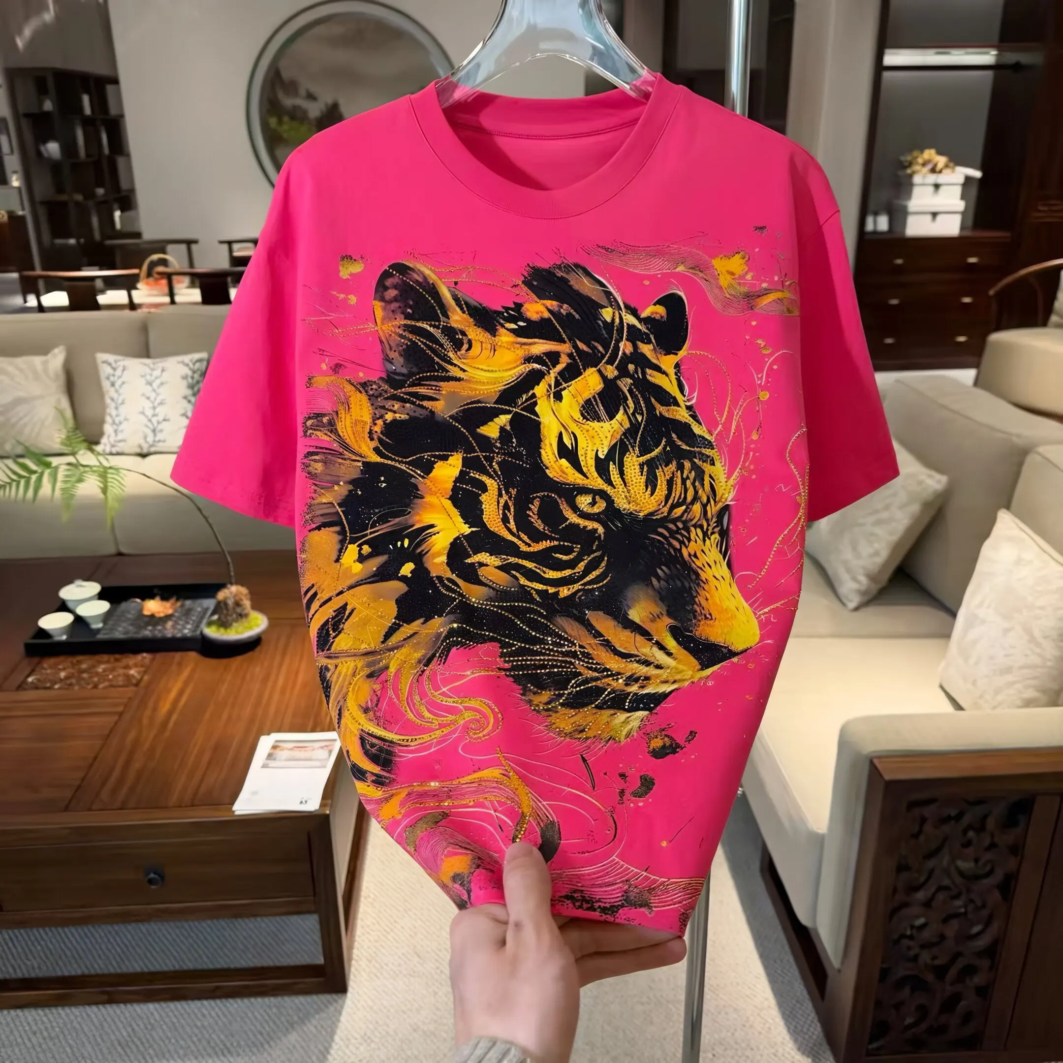 Domineering Tiger Hot Diamonds Men's Summer Short Sleeve T-shirt Large Size All-match Round Neck Streetwear Handsome Casual Tees