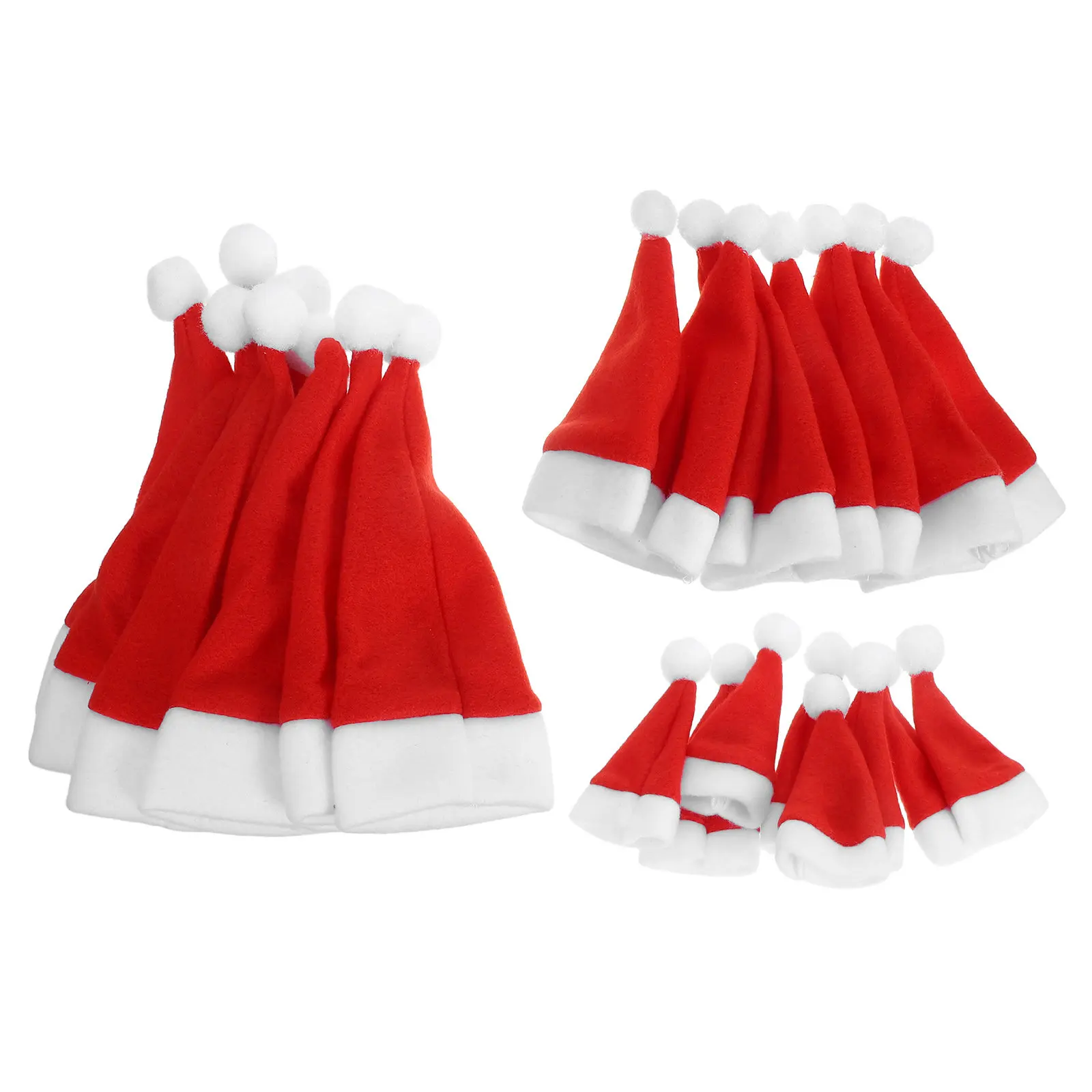 24Pcs Mini Santa Hats Red Soft Fabric White Trim Pompom Christmas Wine Bottle Cover Silverware Pouch Xmas Tableware Decor Tiny