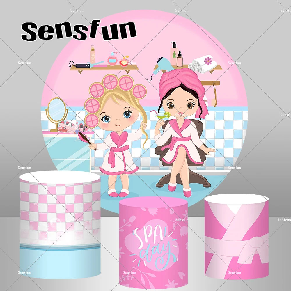 Girls Spa Theme Birthday Party Round Backdrop Cover Pink Bathrobe Makeup Manicure Photography Backgrounds Plinth Covers