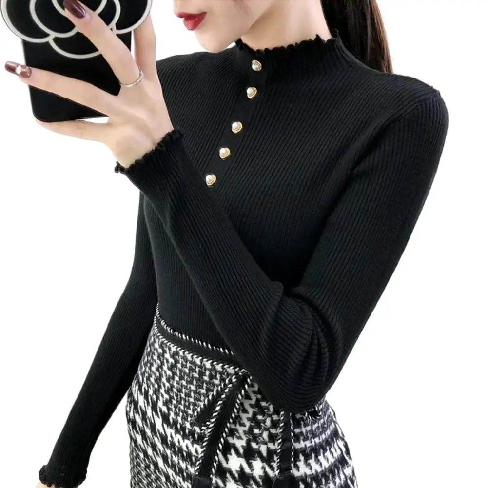 Autumn Women Sweater Top Half High Collar Slim Fit Knitted Long Sleeve Solid Color Elastic Pullover Lady Blouse Bottoming Top