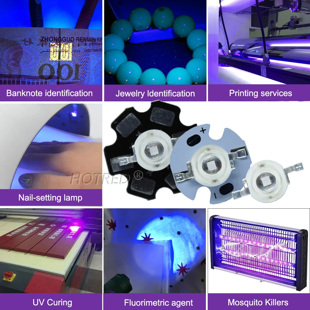 3W UV Purple High Power LED Lamp Chip 365nm 370nm 380nm 385nm 395nm 400nm 405nm 410nm 420nm Beads Ultra Violet Light With PCB