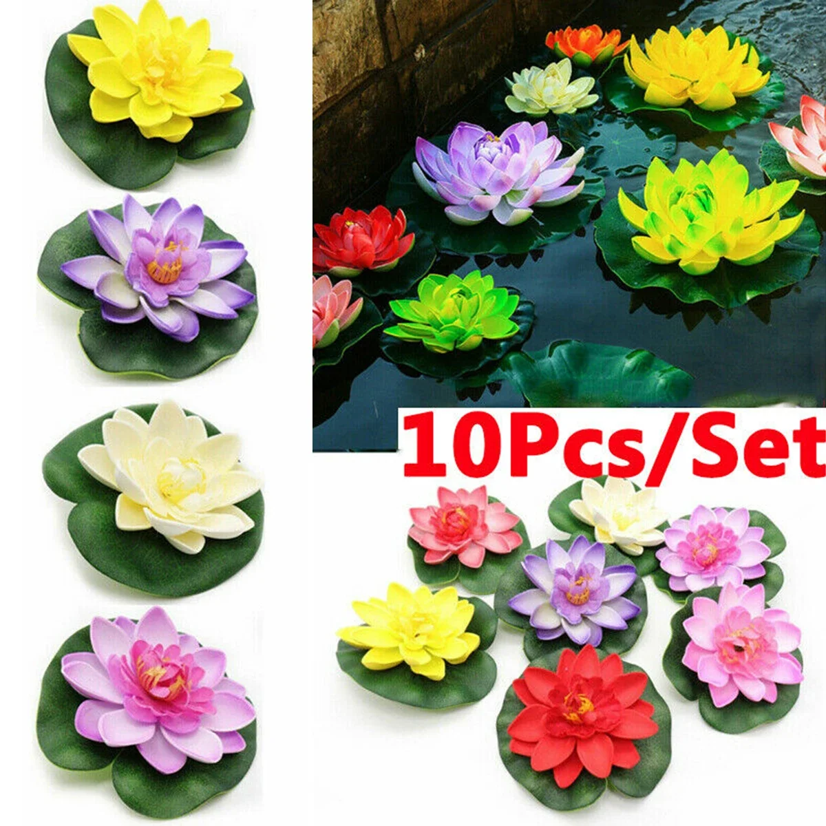 10pc Colorful Artificial Floating Water Lily Simulation EVA Lotus-Leaf Flowers Water Lily Pond Plants for Gardens Home Fish Tank