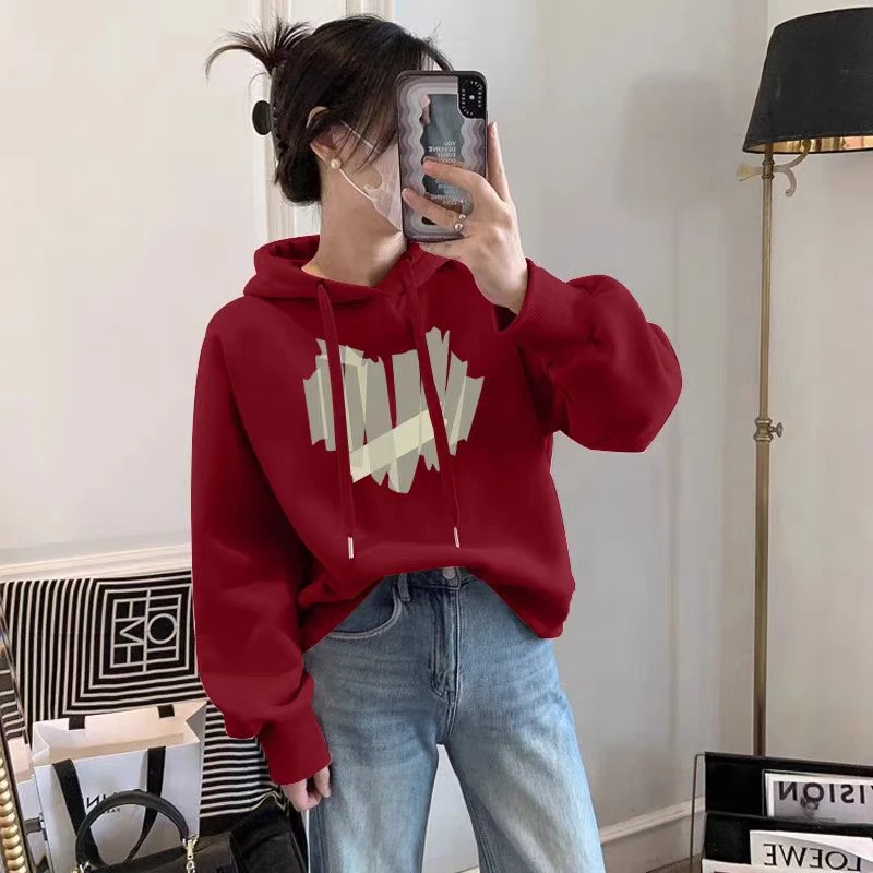 Women's Fleece-lined Hoodie Heart Print Warmth Casual Long Sleeve Sweatshirt Viscose Material Standard Length Commute Style