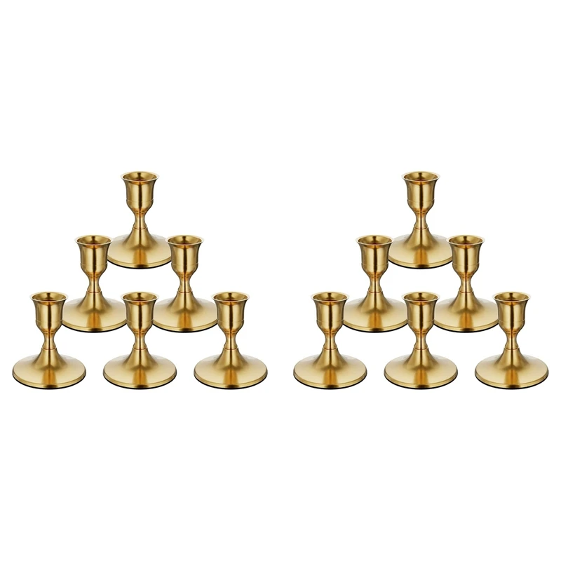 AS60-12PCS Brass Gold Taper Candle Holders, Vintage Metal Candlestick Holders For Dinner Room Table Centerpiece Or Mantel