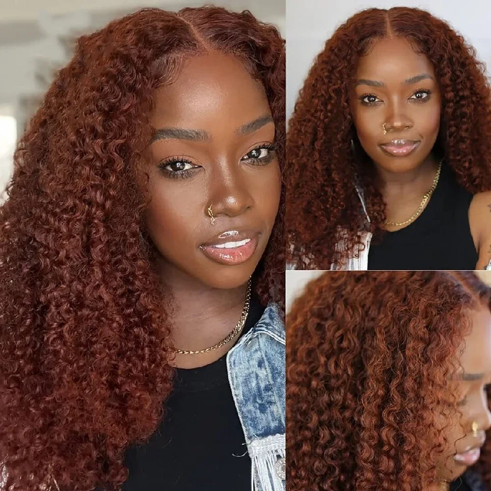 Kinky Curly Reddish Brown 13x4 Lace Front Wigs Deep Wave Lace Frontal Human Hair Wig for Women Pre Plucked Water Curly Wave Wigs