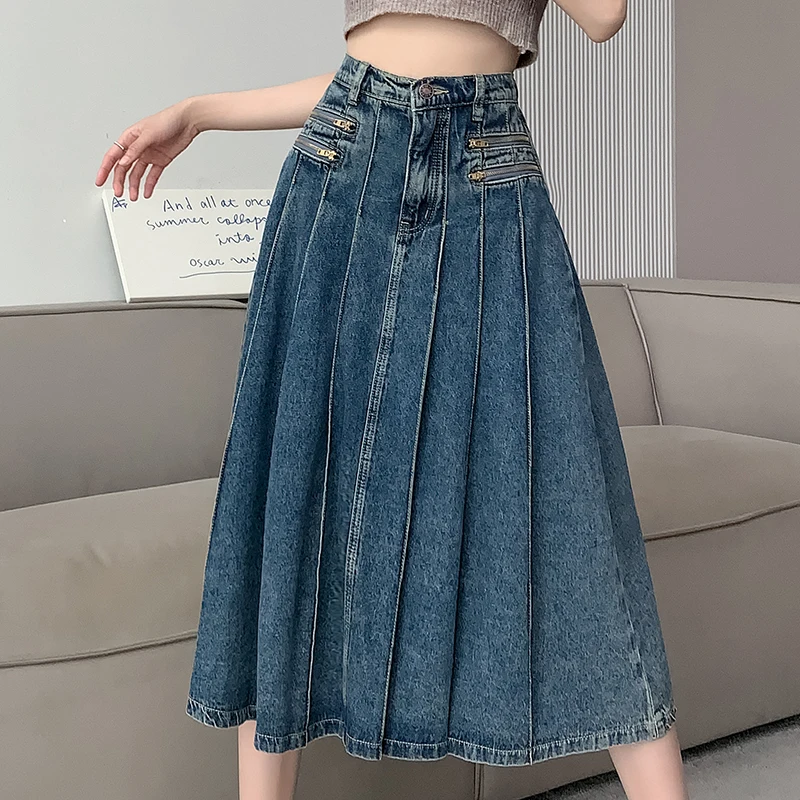 

Design Women Pleated Jeans Skirts A-Line High Waist Long Denim Skirts Female Zipper Fly Blue Skirt Ladies Y2K Streetwear Saias