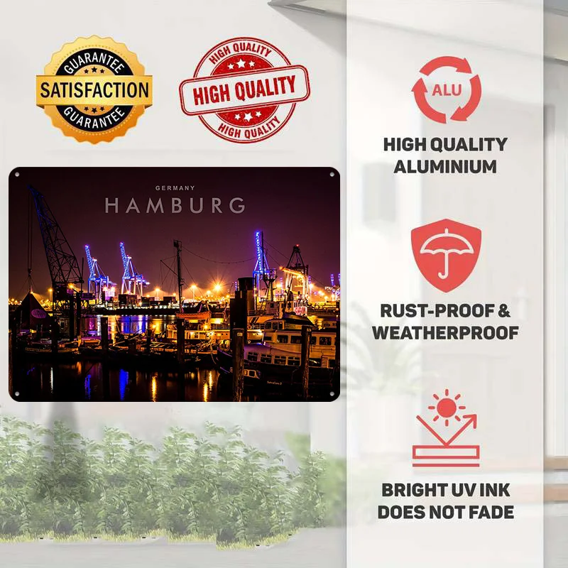 Hamburg City Night 3D Texture Printed Poster Custom Vintage Metal Tin Plate Sign for Wall Art Living Room Decoration Man Bedroom
