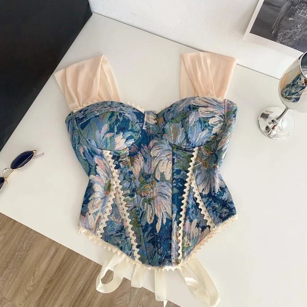 Corset Top Slim Fit Fishbone Corset Floral Print Lace-up Back Crop Tops Sleeveless Suspender Vest Streetwear