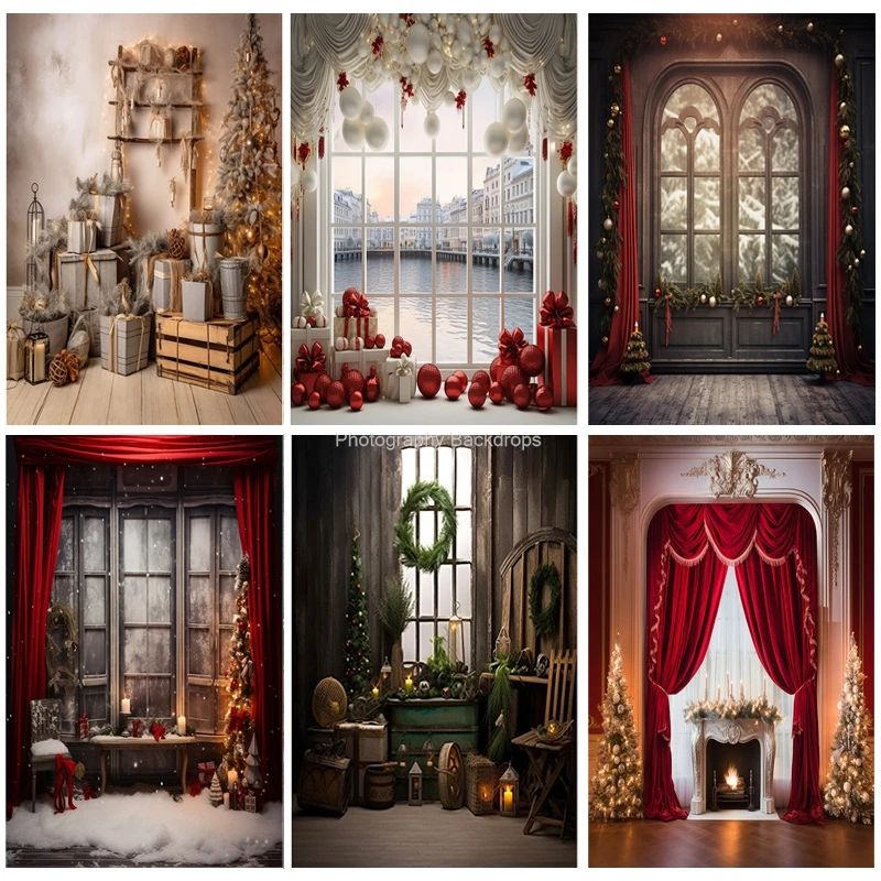 

Vintage Christmas Day Photography Backdrops Prop Fireplace Winter Xmas Tree Decoration Flower Garland Wood Door Background JL-01