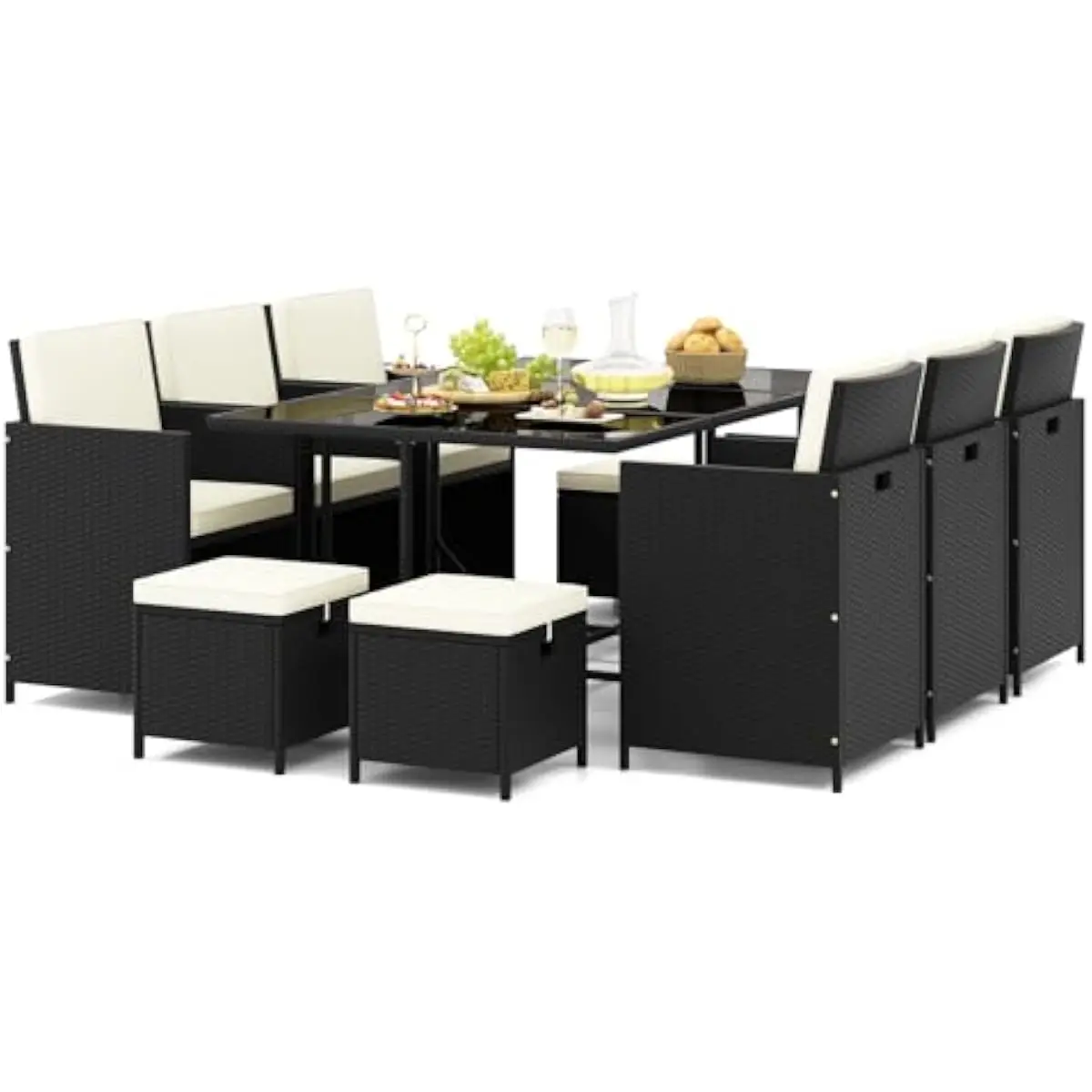 11-Piece Modern Outdoor Dining Ensemble Featuring Foldable Wicker Chairs with Cut-Out Handles, Tempered Glass Table Measuring 67