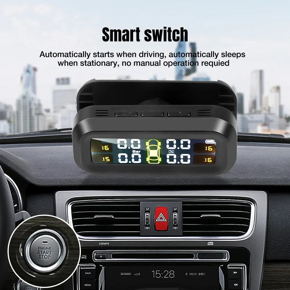 Solar-TPMS-Reifendruckkontrollsystem, 4 Sensoren, Solar- und USB-Aufladung, LCD-Display, geeignet für Auto, Wohnmobil, SUV, MPV und Limousinen